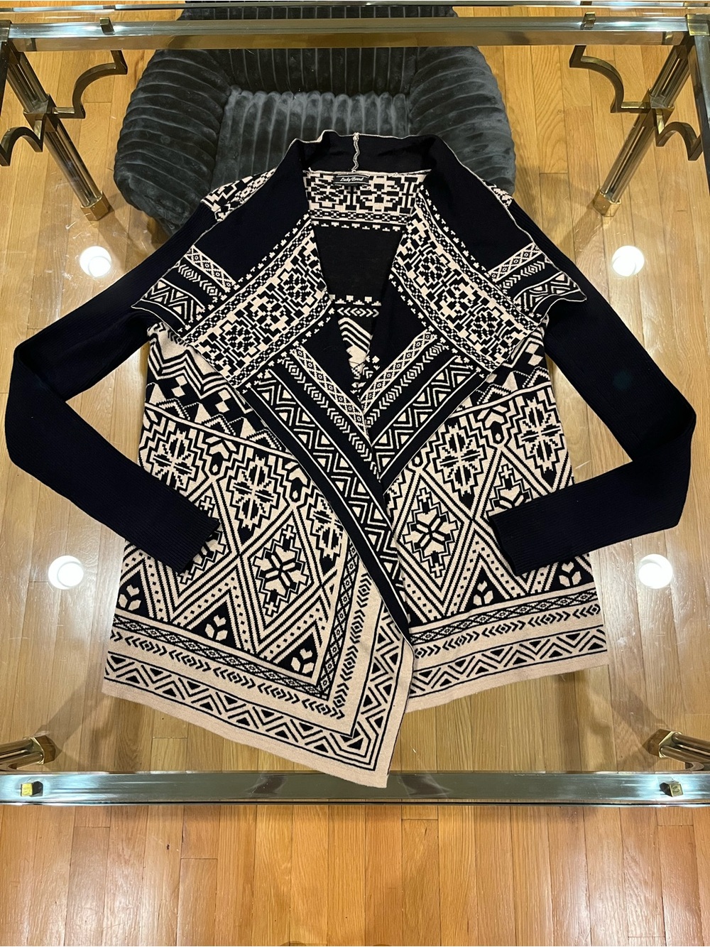 Lucky Brand Black and Cream Geometric Open-Front Cardigan